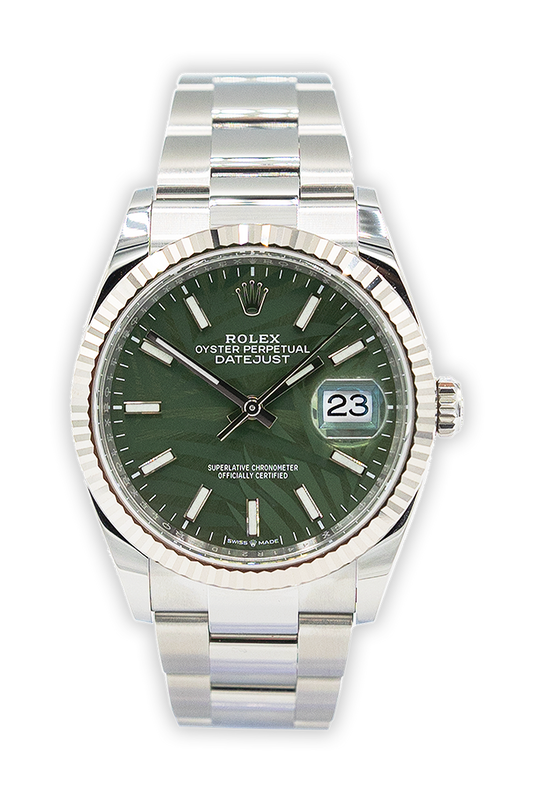 Rolex reference "126234" Datejust steel luxury watch with green palm dial