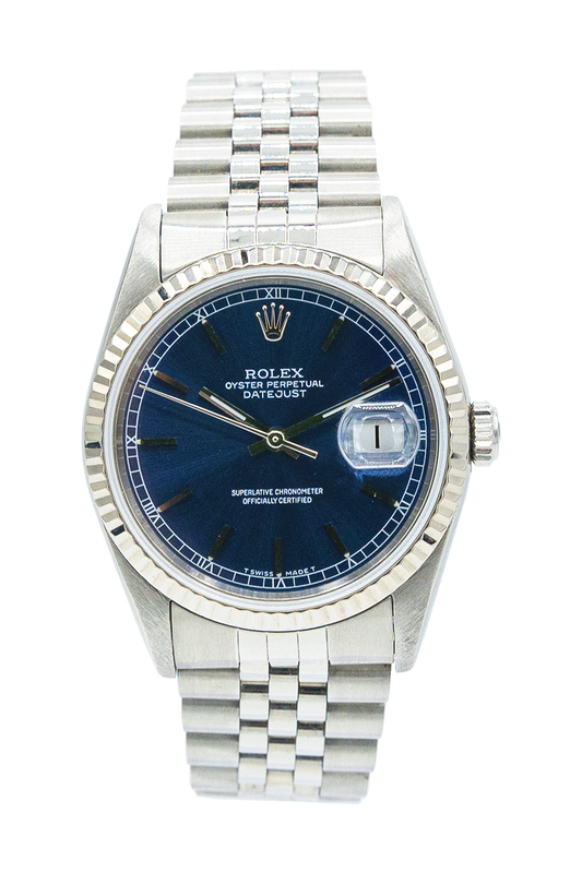 Rolex reference "16234" Datejust steel luxury watch with blue dial
