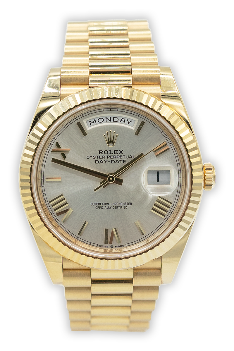 Rolex reference "228238" Day-Date yellow gold luxury watch with silver dial