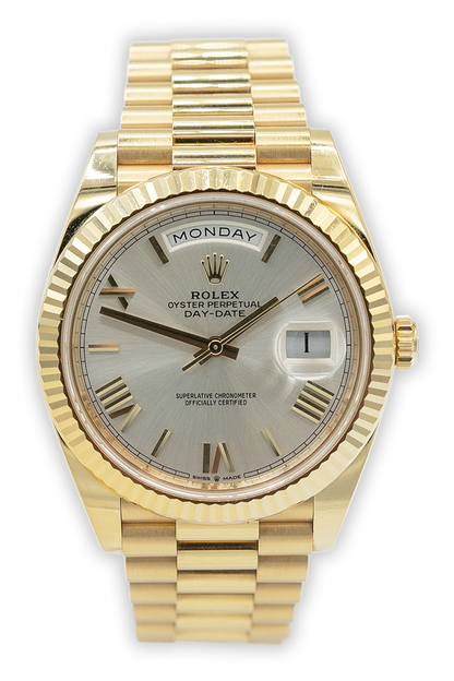 Rolex reference "228238" Day-Date yellow gold luxury watch with silver dial