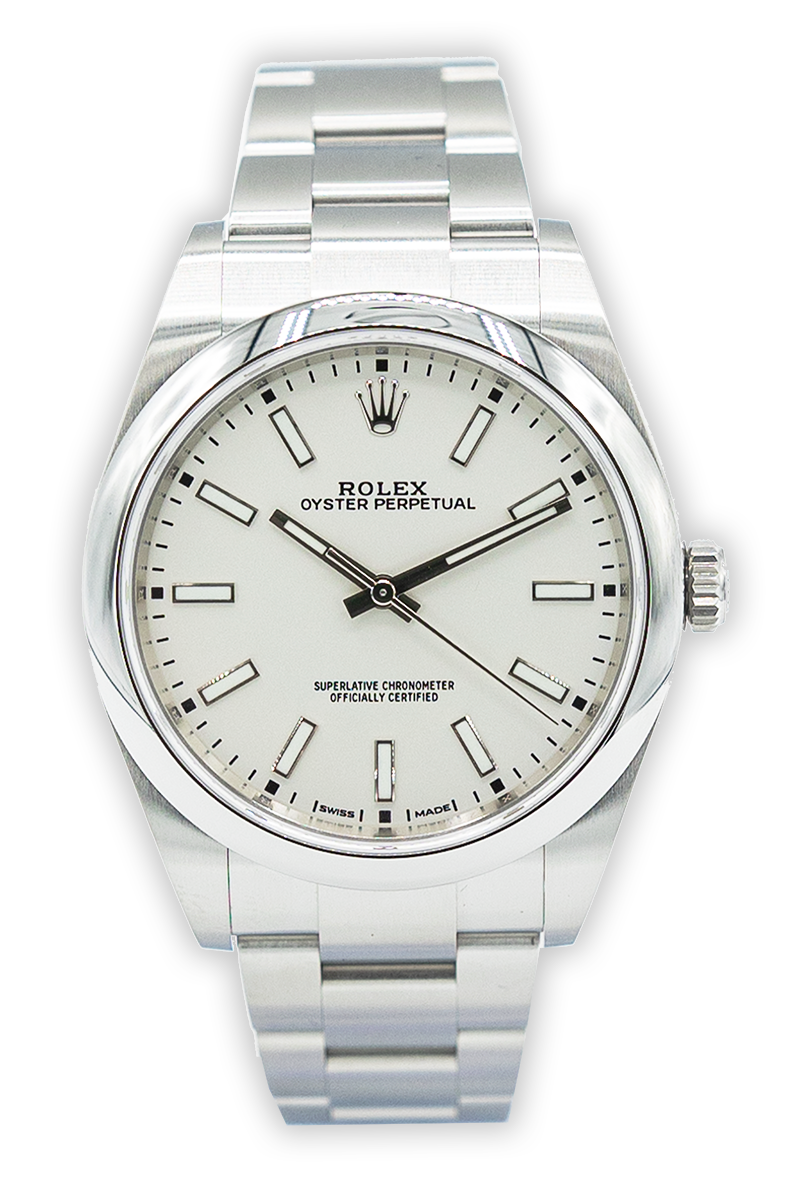 Rolex reference "114300" Oyster Perpetual steel luxury watch with white dial