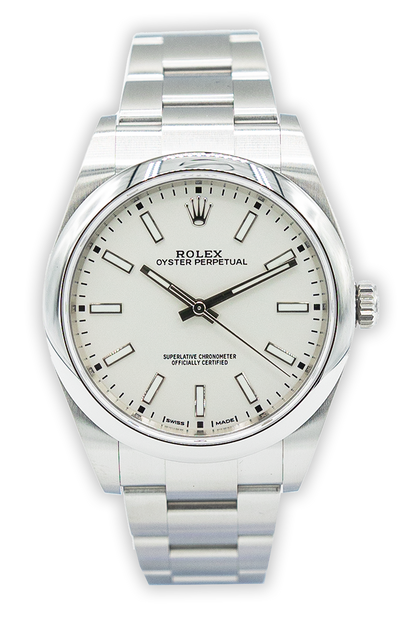 Rolex reference "114300" Oyster Perpetual steel luxury watch with white dial