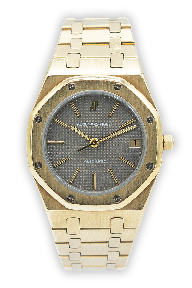 Audemars Piguet reference "4100 BA" Royal Oak yellow gold luxury watch with grey dial