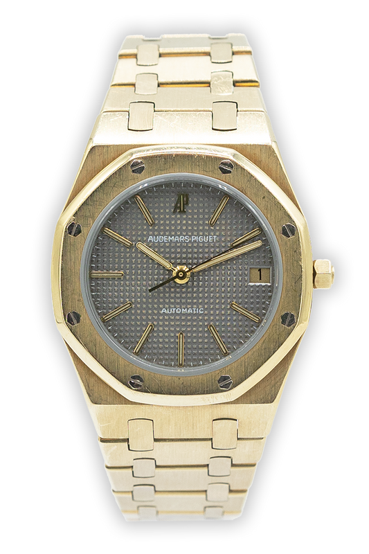 Audemars Piguet reference "4100 BA" Royal Oak yellow gold luxury watch with grey dial